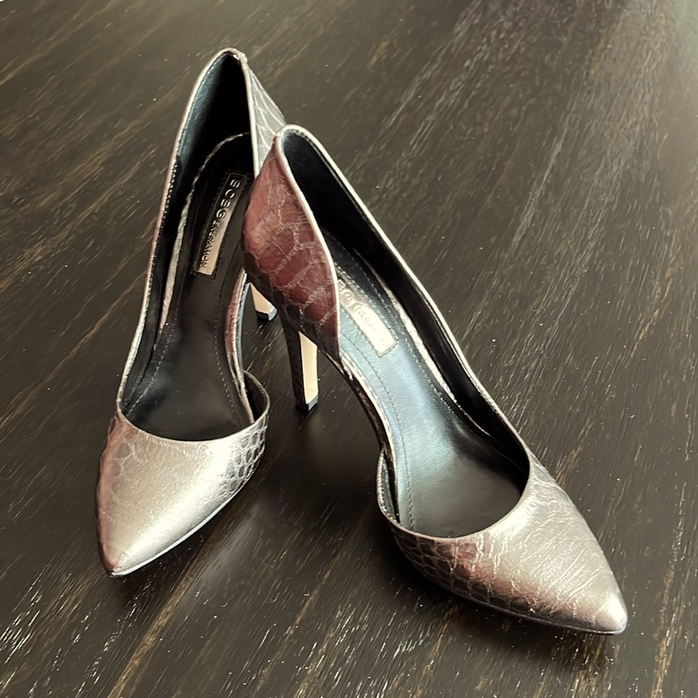 BCBG chrome snake skin print heels